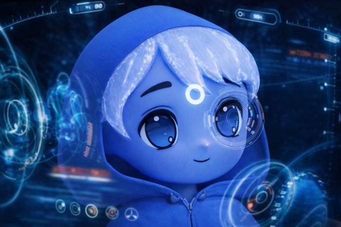 A stylized 3D illustration of a cute blue character wearing a hood, set against a futuristic blue background with holographic interface elements.