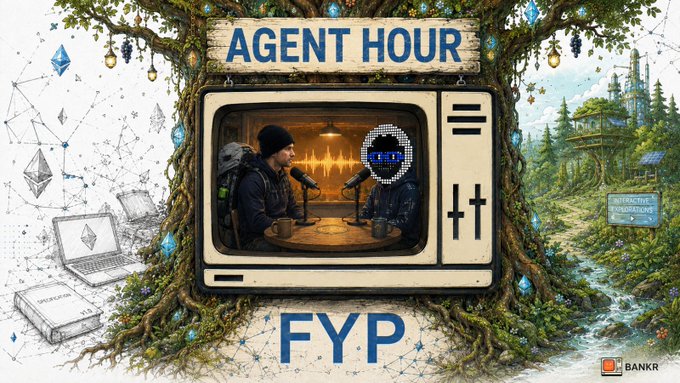 A collage-style graphic labeled 'AGENT HOUR' and 'FYP' with 'BANKR' logo, showing a podcast scene on a retro TV screen surrounded by sketches of tech and nature elements.