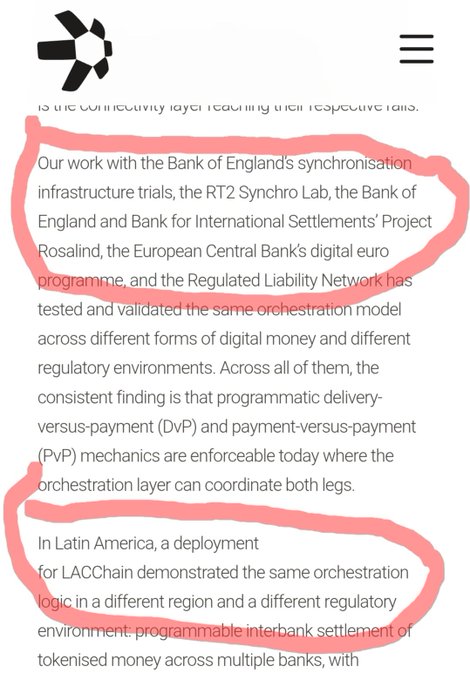 A screenshot of an article with two passages highlighted in red, discussing the Bank of England's synchronization infrastructure trials and a LACChain deployment in Latin America.
