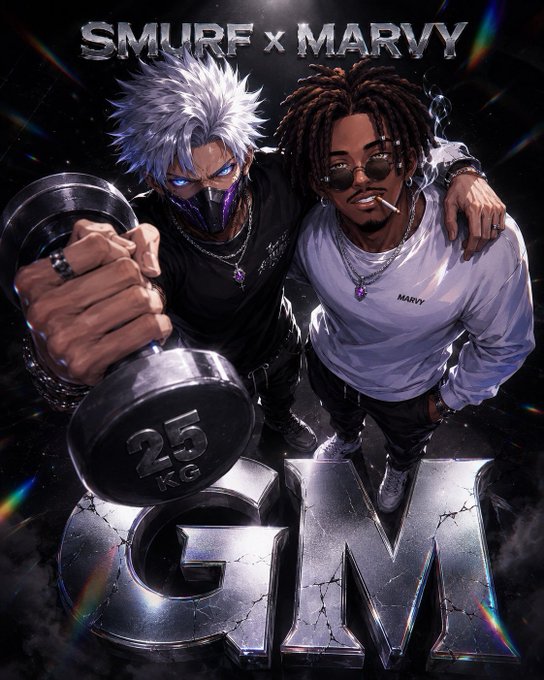 An anime-style promotional poster titled 'SMURF x MARVY' showing two characters—one with white hair and a mask lifting a 25KG dumbbell, and another with dreadlocks wearing sunglasses and a 'MARVY' sweatshirt—standing above large 'GM' letters.