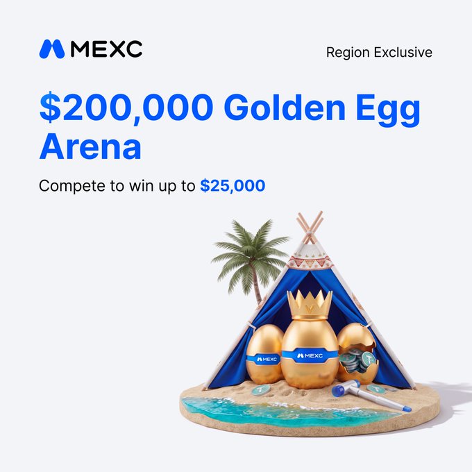 A MEXC promotional advertisement for a '$200,000 Golden Egg Arena' competition with up to $25,000 in prizes, featuring gold eggs with MEXC branding under a blue tent.