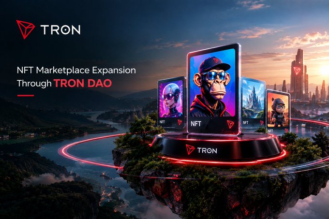 A promotional graphic for TRON DAO titled 'NFT Marketplace Expansion Through TRON DAO,' featuring an illustrated floating island with NFT displays showing monkey characters and a futuristic Tron-inspired city skyline.