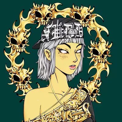 An anime-style illustration of a female character with short white hair and a black cap, wearing ornate gold skull armor, surrounded by a circular halo of golden skulls on a dark green background.