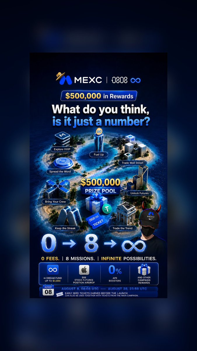 A promotional advertisement for MEXC exchange featuring a $500,000 prize pool, 8 missions, and an island-themed design with various crypto trading activities.