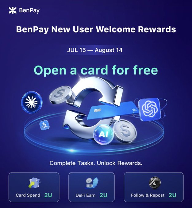 A promotional graphic for 'BenPay New User Welcome Rewards' running July 15 – August 14, advertising a free card opening with tasks including Card Spend, DeFi Earn, and Follow & Repost, each earning 2U.