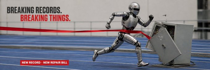 A robot in a suit sprints across a track to break through a finish line tape, knocking over a refrigerator, with the text "BREAKING RECORDS. BREAKING THINGS." and "NEW RECORD · NEW REPAIR BILL" displayed. The image thematically supports the post's $BREAKING Solana token promotion by visually embodying the "breaking" narrative—rebelling against conventional trends and smashing through expectations like a record-breaking competitor.