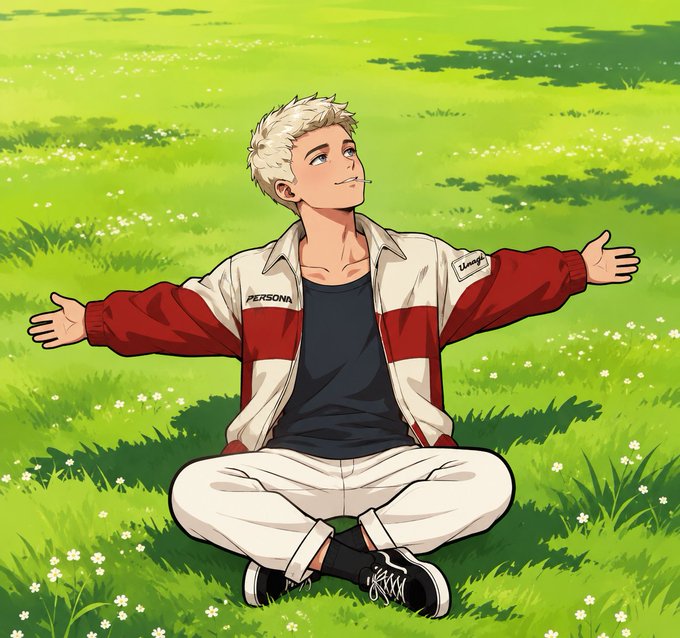 An anime-style illustration shows a smiling young man with white hair sitting cross-legged in a grassy field, wearing a red and white jacket over a black shirt, with his arms open.