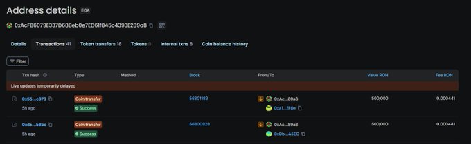 The image shows a screenshot of the Bitcoin transaction details page, with an emphasis on the 'Address Details' section. The screen displays various information about transactions and addresses, including a list of transactions currently being processed at a rate of around 30 per second, as well as the amount of each transaction totaling up to $1Million. In addition, there are a total of 14 active addresses in circulation, which has increased over time due to mining. The text on the screen includes statements about the Bitcoin network's current status and a reference to a post by @ Ronin_Network highlighting the forced abandonment of Bitget as they leave the scene.