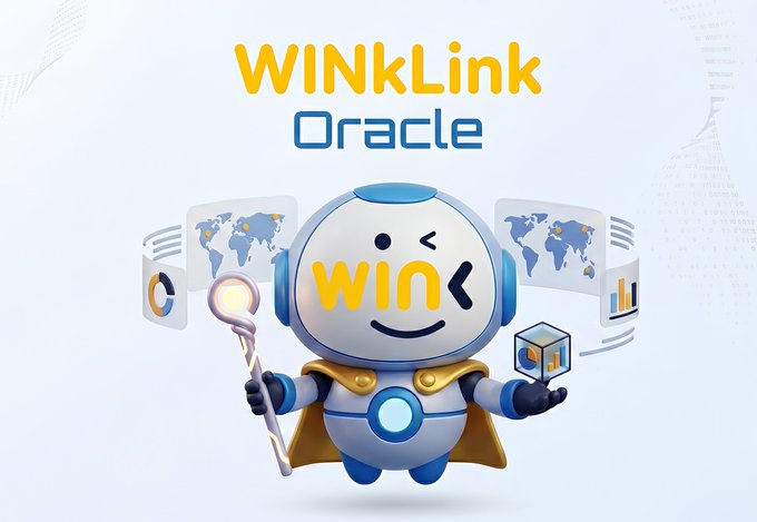 A 3D illustration of a friendly white robot mascot wearing a gold cape and holding a glowing staff and a 3D cube, with the text 'WINKLink Oracle' displayed above it in yellow and blue lettering.