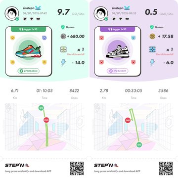 Two screenshots from the STEPN app show sneaker NFT stats: one with 9.7 GST/Min efficiency for a shoe (Effort 9-30) and another with 0.5 GST/Min for a different shoe (Effort 9-39), both with the "alinobgs" username.