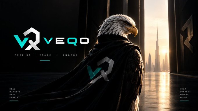 A promotional graphic for 'VEQ' with the tagline 'PREDICT • TRADE • ENGAGE', featuring an anthropomorphic eagle in a black cloak overlooking a futuristic city at sunset.
