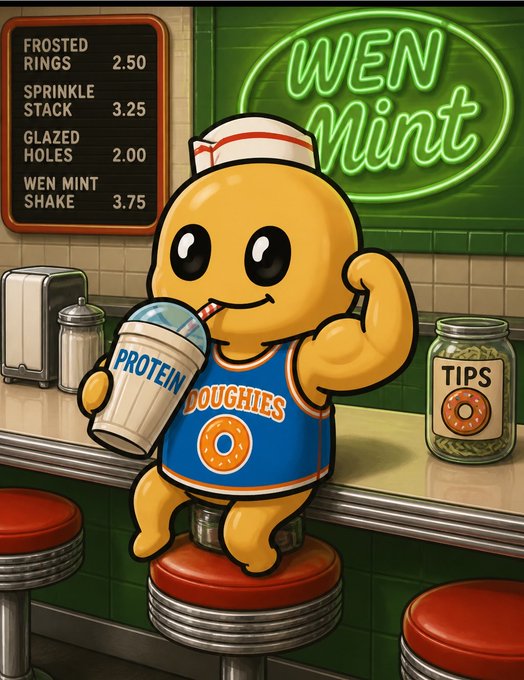 A cartoon illustration of a yellow dough-shaped mascot in a blue 'DOUGHIES' jersey drinking a protein shake, sitting at a 'WEN MINT' diner counter with a menu listing 'FROSTED RINGS', 'SPRINKLE STACK', and 'WEN MINT SHAKE'.