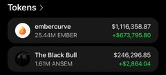A dark-themed crypto tokens list displaying 'embercurv' with 25.44M EMBER valued at $1,116,358.87 (-$673,795.80) and 'The Black Bull' with 1.16M ANSEM valued at $246,296.85 (+$2,864.04).