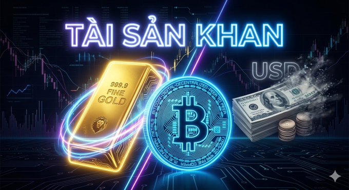 A digital promotional graphic featuring the Vietnamese text "TÀI SẢN KHAN" (Hard Assets), displaying a gold bar, Bitcoin, and stacks of US dollar bills against a backdrop of financial charts.
