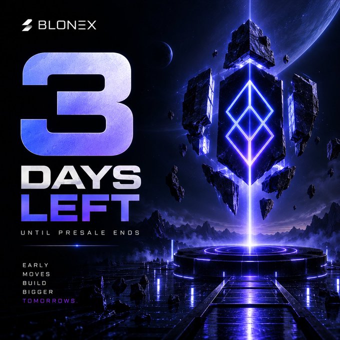 A promotional graphic for BLONEX showing '3 DAYS LEFT UNTIL PRESALE ENDS' with the tagline 'EARLY MOVES BUILD BIGGER TOMORROWS' against a sci-fi landscape with floating rocks and a glowing diamond logo.
