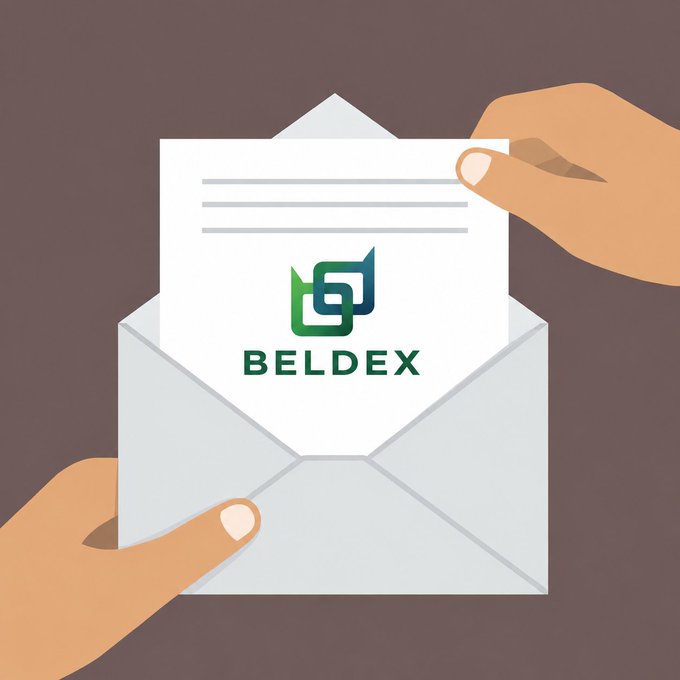 An illustration shows two hands holding an open envelope from which a letter with the 'BELDEX' logo is being pulled out.