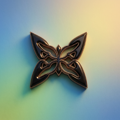 The image features a butterfly design, which is black with gold accents. The butterfly appears to be made of metal or bronze, giving it an antique appearance. The background color of the image is blue-green, providing a contrasting backdrop for the butterfly. The butterfly is positioned in the center of the frame and stands out against this backdrop.