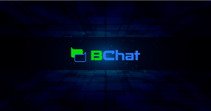 A logo screen for 'BChat' featuring a green and blue chat bubble icon with the text 'BChat' displayed against a dark blue tiled background.