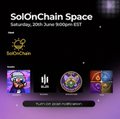 The image features an advertisement for SolOnChain Space, which appears to be a meetup event for blockchain enthusiasts. The poster displays four different logos representing various companies or projects related to blockchain technology. These include a yellow sun logo, a purple moon logo, a white bird logo, and a blue diamond logo. The text on the poster indicates that this is an upcoming event where attendees can learn about new developments in the space industry.