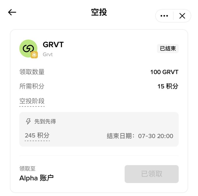 This image shows details for a "GRVT" airdrop, indicating it's completed with 100 GRVT distributed for 15 points. The accompanying post mentions "Binance Alpha" which relates to the "Alpha 账户" (Alpha Account) shown.