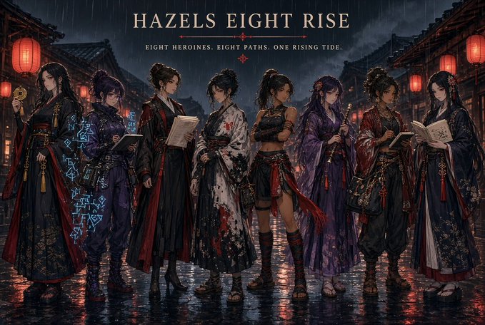 Promotional artwork titled 'HAZELS EIGHT RISE' with the tagline 'EIGHT HEROINES. EIGHT PATHS. ONE RISING TIDE,' showing eight characters in elaborate dark traditional clothing standing in a rainy street lit by red lanterns.