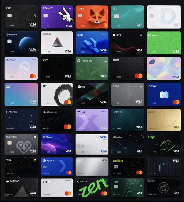 A grid displaying 30 cryptocurrency debit cards from various companies (including KRK, Peanut, Mask, Bybit, Wirex, Nexo, and MEXC), all branded as Visa or Mastercard with associated card numbers. The collection showcases the wide range of crypto card and neo-banking options in the market, likely supporting the post's call for B2B partnerships with industry players.