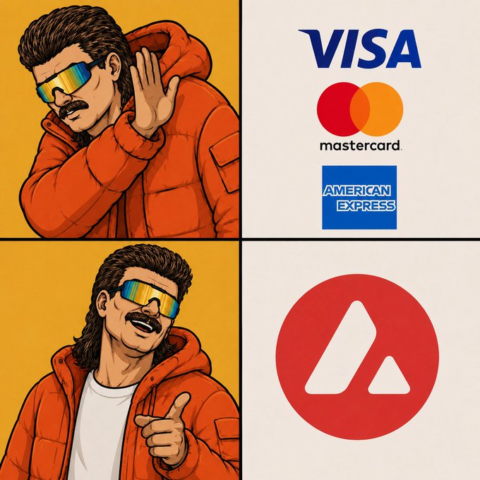 A four-panel meme featuring a stylized illustration of a man with a mullet and rainbow sunglasses in an orange jacket; the top panel shows him rejecting (VISA, Mastercard, American Express logos), while the bottom panel shows him approving (pointing at) the Avalanche (AVAX) logo.