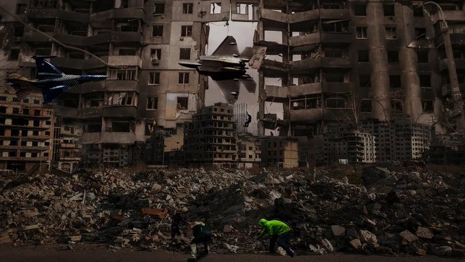 A dark, dystopian scene of a destroyed city with crumbling apartment buildings, rubble, and a futuristic flying vehicle, while two small figures search through the debris.