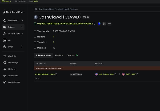 A Chainscan blockchain explorer page on Robinhood Chain showing token details for CashClawd (CLAWD) ERC-20, with a total supply of 1,000,000,000 CLAWD, 1 holder, 1 transfer, and 18 decimals.