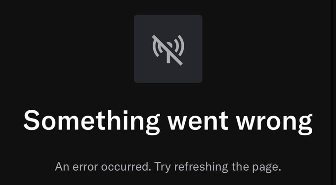 The image shows an error screen with the text "Something went wrong - An error occurred. Try refreshing the page," accompanied by a muted audio/wifi icon. This relates to the post about OpenSea, suggesting that the platform crashed when users rushed to view the Blokyz NFT reveal, indicating high demand and bullish sentiment.