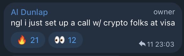 A Discord message from 'Al Dunlap' (owner) reads: 'ngl i just set up a call w/ crypto folks at visa', with 21 fire and 12 eyes reactions.