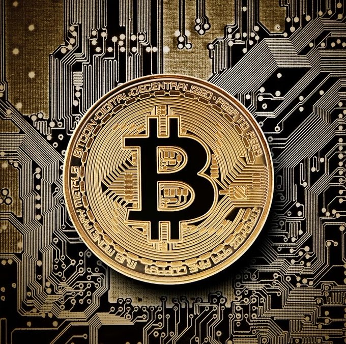 A physical Bitcoin commemorative coin rests on a gold circuit board background, symbolizing cryptocurrency technology, with visible text around its edge referencing "DIGITAL," "DECENTRALIZED," and "PEER TO PEER," aligning with the post's mention of $BTC traders pricing low odds (under 16%) for Bitcoin hitting $50,000 before reaching $100,000.