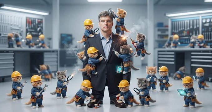 A man in a suit is humorously depicted surrounded by cats and kittens dressed as construction workers in hard hats and overalls inside a workshop.