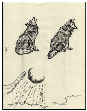 Two illustrated wolves howl at a crescent moon, depicted in an intricate calligraphic or scribble-art style on a cream background. The imagery evokes the "wolf" theme commonly used as slang for stock trading losses, suggesting a meme referencing two 1/1 physical (one-of-a-kind) NFT sales.