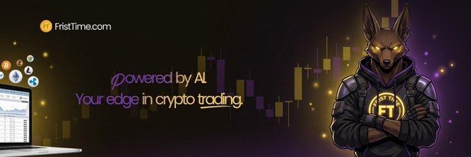 A banner for FristTime.com featuring an anthropomorphic jackal character in tactical gear with 'FT' on its chest, alongside the tagline 'Powered by AI - Your edge in crypto trading,' set against a candlestick chart background.
