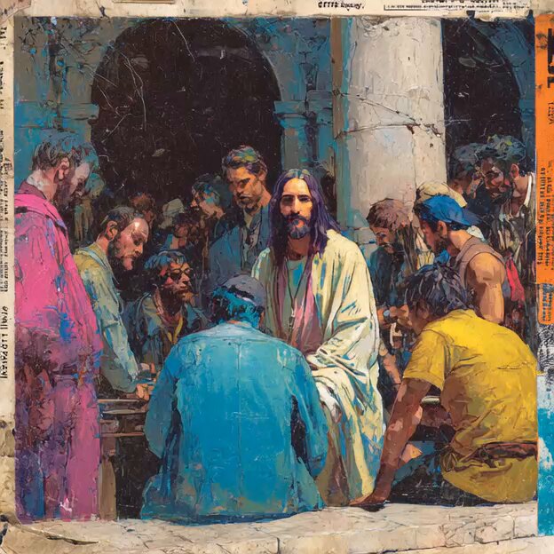 The image features a painting of Jesus Christ sitting at a table with his disciples, surrounded by people who appear to be either sitting or standing around him. The painting depicts a moment from the Bible where Jesus is seen talking to one of his followers, possibly instructing them on how to live a good life.

The post includes text that reads "DAY #157/2026, DAY #897 @beeple @Nakamigos IF YOU DON'T GET IT I HAVE NO TIME TO EXPLAIN IT TO YOU. I LOVE YOU." The artist's name is also mentioned in the image.