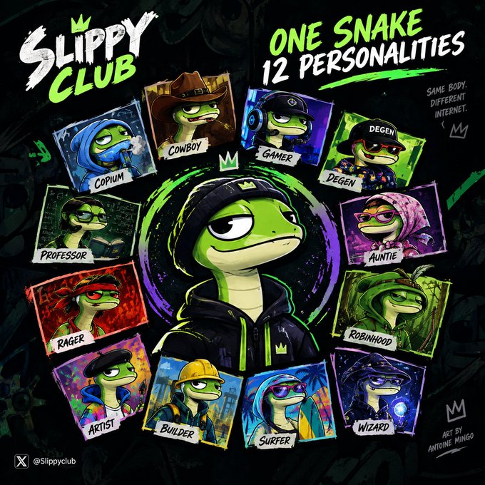 A promotional graphic for 'Slippy Club' featuring 'One Snake 12 Personalities' with various snake character designs labeled: Cowboy, Gamer, Degen, Auntie, Robinhood, Wizard, Surfer, Builder, Artist, Rager, Professor, and Copium.