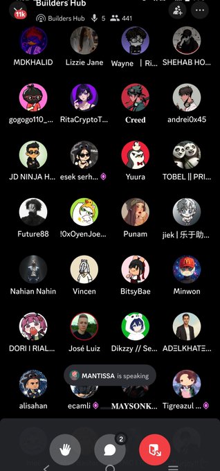 A screenshot of a voice chat application (TikTok) showing a 'Builders Hub' room with multiple user avatars and the notification 'MANTISSA is speaking'.