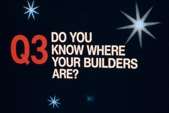 A dark background with star/sparkle graphics features the text 'Q3' in red and 'DO YOU KNOW WHERE YOUR BUILDERS ARE?' in white.