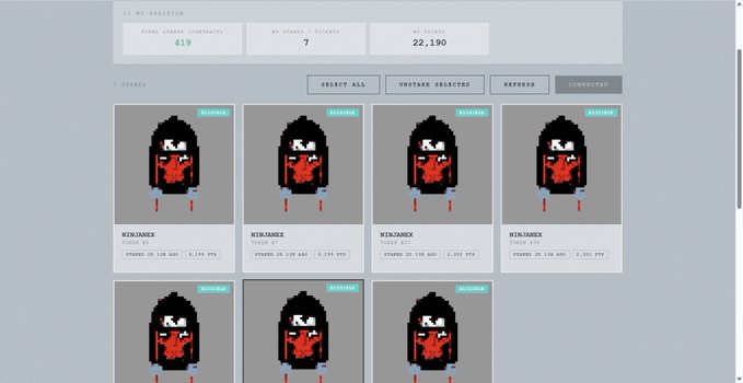A pixel art dashboard displaying 7 staked NINJANEX items (labeled #NINJA1EX through #NINJA5EX) with 419 total staked contracts and a stack balance of 22,190, aligning with the post about loading NINJANEX points.