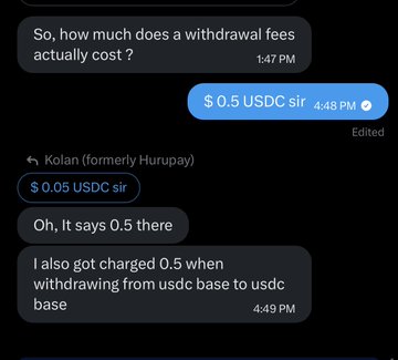 A text message conversation shows a user being informed that withdrawal fees are only $0.05 USDC on Kolan (formerly Hurupay), with the user noting they were also charged $0.50 when withdrawing from USDC Base to USDC Base, highlighting Kolan's significantly lower fees.