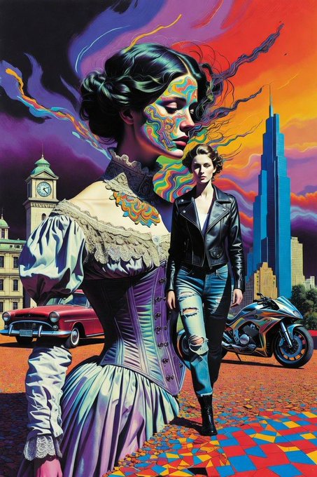 A vibrant, surreal digital illustration showing a woman in a Victorian-style purple and lace dress with colorfully painted face standing alongside a modern figure in a leather jacket, set against a cityscape with a vintage red car and motorcycle.