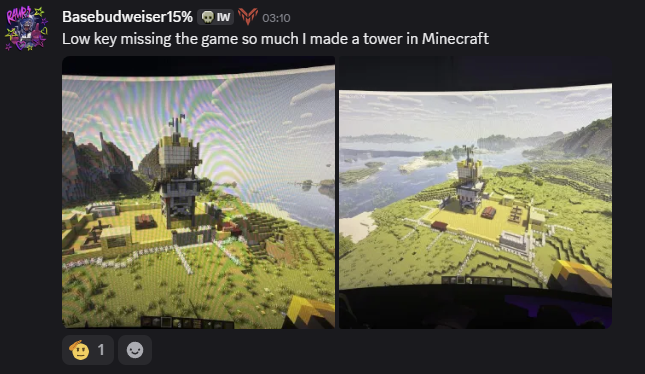 The image is a Discord screenshot from user "Basebudweiser15%" posted at 03:10, with the message "Low key missing the game so much I made a tower in Minecraft." It shows two angled views of a player-built medieval-style tower in Minecraft, and the post relates to the caption about WARDOGS withdrawal by showing the user coping with missing the game through Minecraft building.
