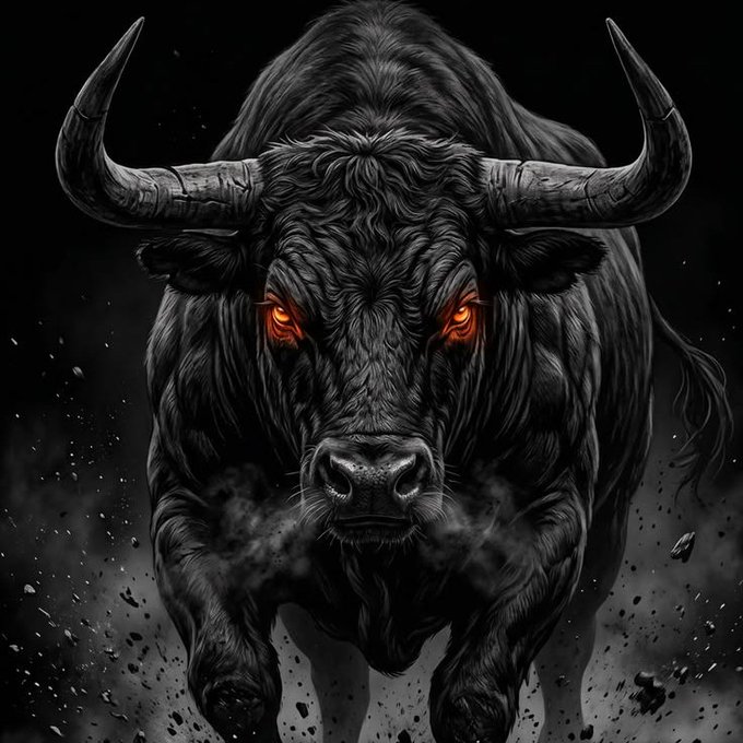 A dramatic digital artwork depicts a powerful black bull with glowing red eyes charging forward through dust and debris against a dark background.