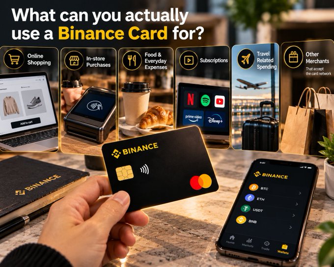A hand holds a black Binance Card on a marble countertop, with a smartphone displaying cryptocurrency options (BTC, ETH, USDT, BNB) and a wallet nearby. The image features the header "What can you actually use a Binance Card for?" alongside icons illustrating use cases including Online Shopping, In-store Purchases, Food & Everyday Expenses, Subscriptions, Travel Related Spending, and Other Merchants.