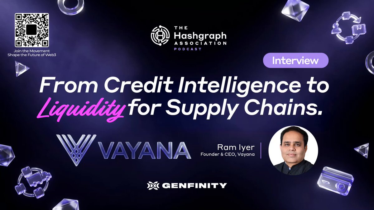 The image features a poster for an event titled "From Credit Intelligence to Liquidity for Supply Chains" with two logos - one for Vayana and another for Geninfinity. The text on the poster reads, "From Credit Intelligence to Liquidity for Supply Chains". The background of the poster is black, but there are some purple elements that stand out. There's also a photo of a man in front of the poster with his face blurred.