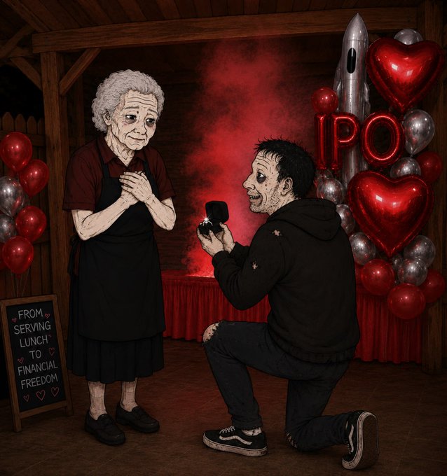 The image features a man kneeling down next to an older woman, who appears to be wearing a black dress. They are both holding balloons, with one balloon being red and the other silver. The scene takes place inside a building, possibly a restaurant or a dining area. A sign is visible in the background that reads "finally found an exit liquidity event".
