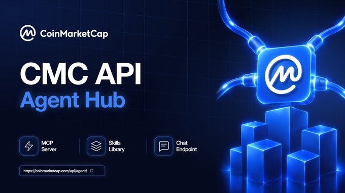 The image is a promotional banner for CoinMarketCap's "CMC API Agent Hub," featuring the platform's logo and a futuristic blue 3D illustration of interconnected nodes and data structures. It highlights three key components: "MCP Server," "Skills Library," and "Chat Endpoint," along with the URL https://coinmarketcap.com/api/agent/, visually representing the hub's role in providing structured API access to crypto market data like MACD, RSI, and CEX feeds for AI agents.