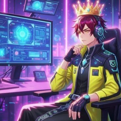 A regal anime character wearing a golden crown, headphones, and a futuristic yellow-and-black jacket sits in a high-tech gaming setup with glowing blue screens, embodying the triumphant "stonks" vibe of a perfect morning market opener.