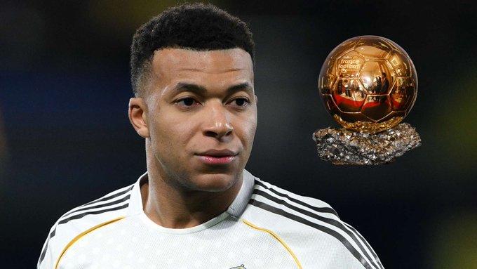 The image shows footballer Kylian Mbappé next to the Ballon d'Or trophy, highlighting the irony of the post: despite being one of football's biggest stars, Mbappé is grouped into just a 21% "everyone else" category alongside all other players, while Harry Kane (56%) and Lamine Yamal (21%) dominate the 2026 Ballon d'Or betting market, suggesting bettors are overlooking him entirely.